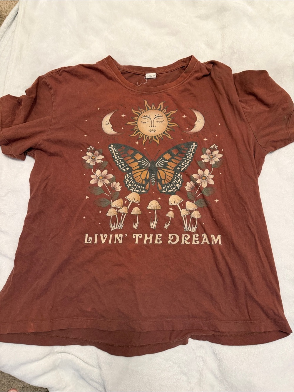 Vibe Burnt Orange Graphic Tee with Sun, Butterfly & Mushroom Art
